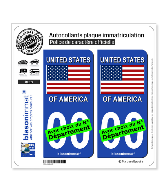 Autocollant Plaque Immatriculation USA Drapeau - Personnalisable Avec Votre Numéro, 2 Stickers (4,5x9,8 Cm)