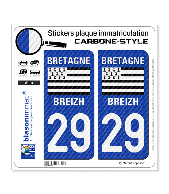 Stickers Département 29 Bretagne - Bleu Foncé à Angles Arrondis - Lot De 2 Autocollants Officiels Pour Plaque Immatriculation