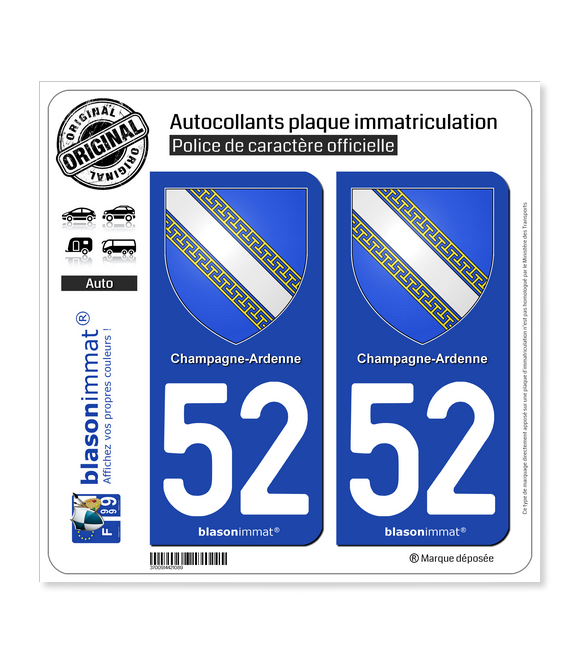 52 Champagne-Ardenne - Armoiries | Autocollant plaque immatriculation