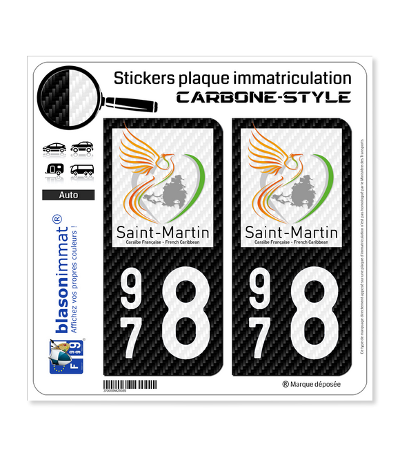 978 Saint-Martin - COM Carbone-Style | Stickers plaque immatriculation