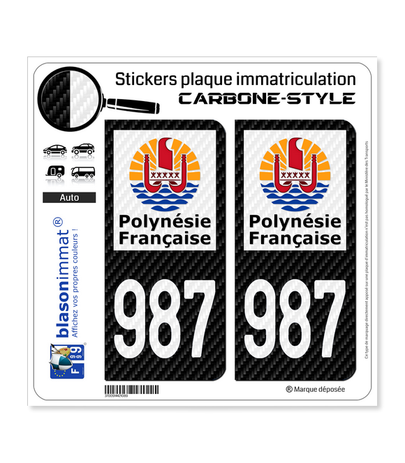 987-H Polynésie Française - COM Carbone-Style | Stickers plaque immatriculation