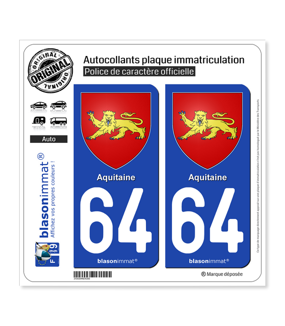 64 Aquitaine - Armoiries | Autocollant plaque immatriculation