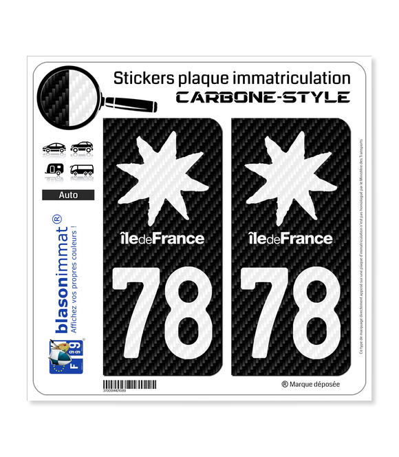 78 Île-de-France - Black Carbone-Style | Stickers plaque immatriculation