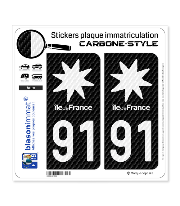 91 Île-de-France - Black Carbone-Style | Stickers plaque immatriculation