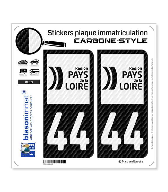 44 Pays de la Loire - LT bi-ton Carbone-Style | Stickers plaque immatriculation