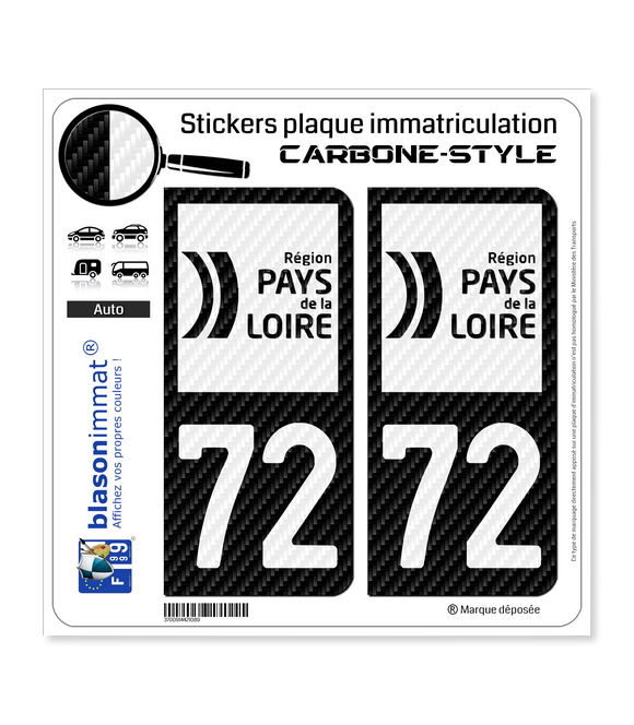 72 Pays de la Loire - LT bi-ton Carbone-Style | Stickers plaque immatriculation