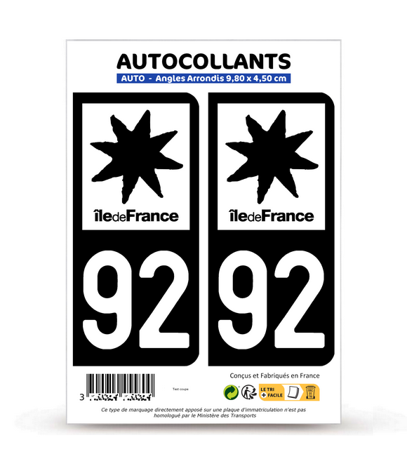 92 Hauts-de-Seine - Île-de-France Bi-ton | Autocollant plaque immatriculation