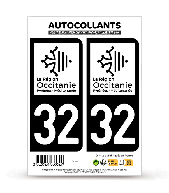 32 Gers - Occitanie Bi-ton | Autocollant plaque immatriculation