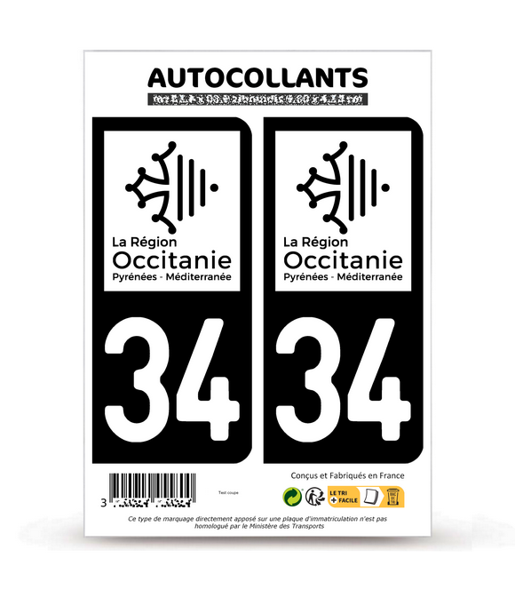 34 Hérault - Occitanie Bi-ton | Autocollant plaque immatriculation