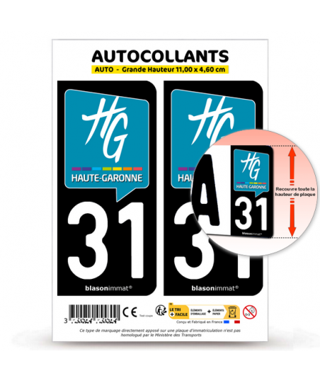 Autocollants Plaque Immatriculation Département 31 Haute-Garonne – Bi-Ton – Résistants Aux Intempéries – 2 Pièces