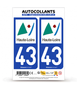 Stickers Plaque Immatriculation '43 Haute Loire' - Lot De 4, Noir, Vinyle Extérieur, Garantie 5 Ans
