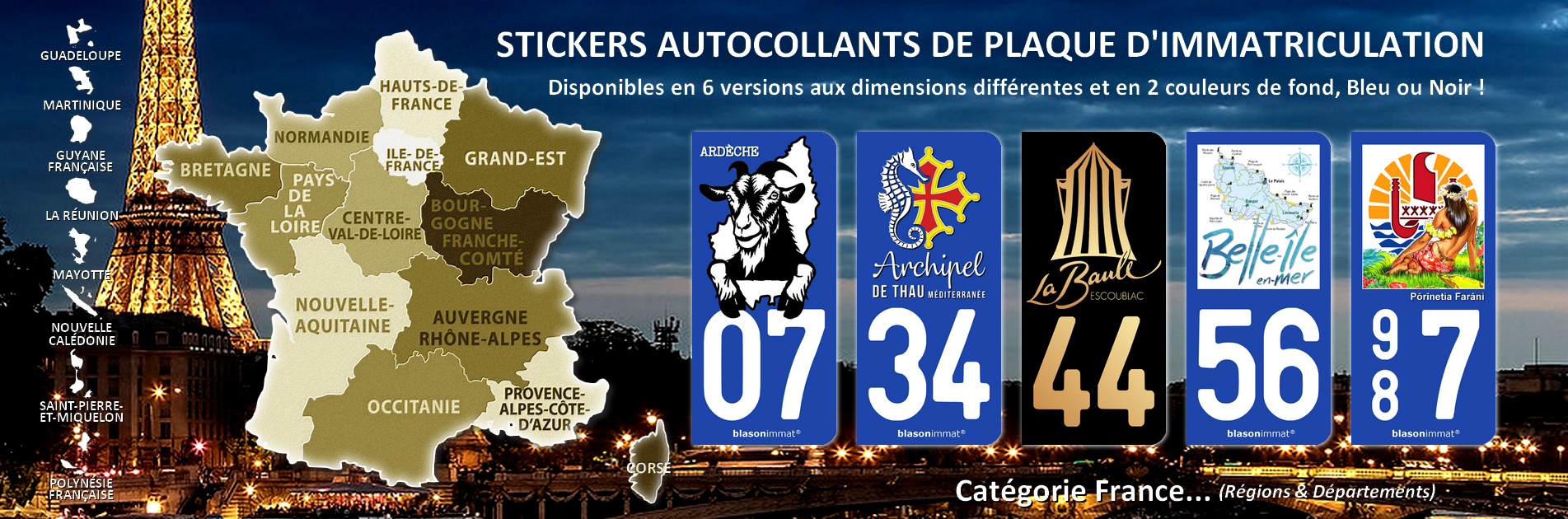 Stickers autocollants de plaque d'immatriculation - Régions et Départements de France